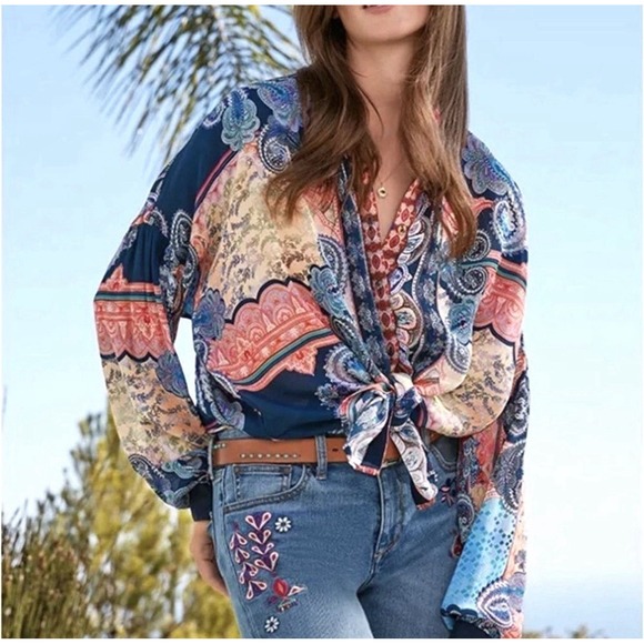 Johnny Was Tops - Johnny Was Boho Paisley Silk Blend Oversized Button Down Top Women's Size XXS